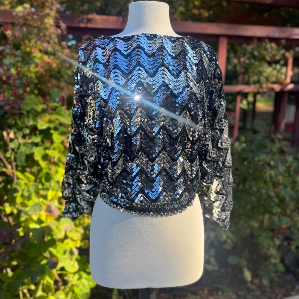Vintage Glamorous Black Sequin Chevron Blouse